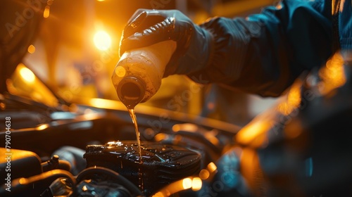 A mechanic pouring and changing oil to car engine in a workshop. AI generated image © MUCHIB