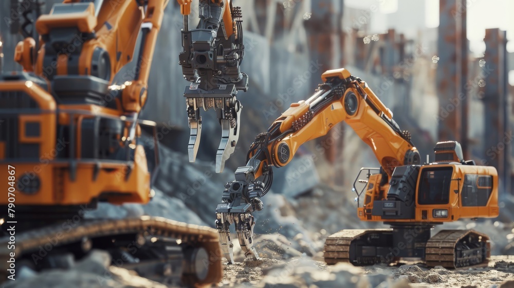 Robots working on a construction site, handling heavy materials Robots working on a construction site, handling heavy materials