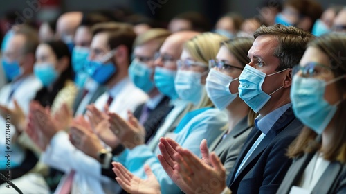 Group of doctors wearing face masks applauding at conference hall. AI generated image