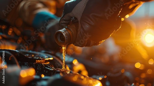 Closeup of a mechanic pouring to changing oil to car engine in a workshop. AI generated image