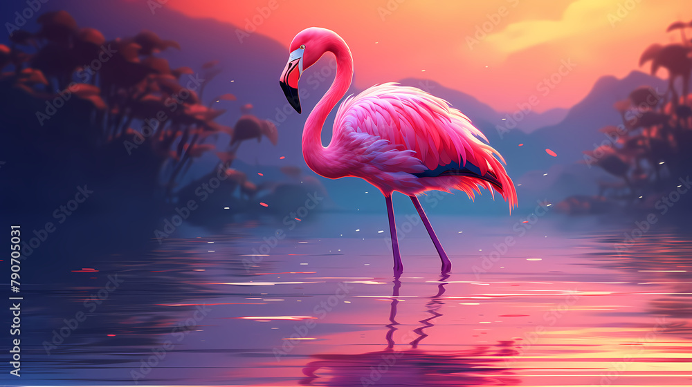 Fototapeta premium A beautiful pink flamingo standing in the water