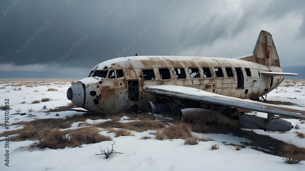 # Photorealistic ImagesCrashed airplane wreck lies abandoned in a desolate snow-covered landscape. The airplane is partially buried in the snow, with its wings broken and fuselage cracked. Snowflakes 