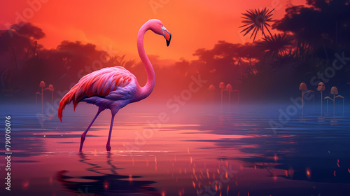 A beautiful pink flamingo standing in the water