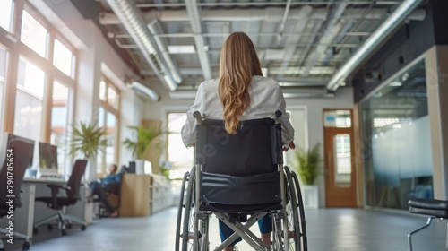 Rear view portrait of disability businesswoman sitting on wheelchair in office room. AI generated © MUCHIB