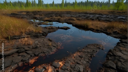 _Prompt Structure:Photorealistic Images prompt structure: "The peat bog burns in the summer. Fire Danger of burning natural materials, natural peat, Outdoor, Photograph, Realistic, Environmental Photo