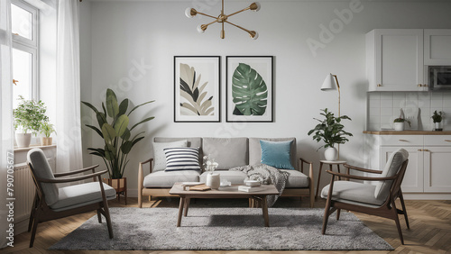 Modern Scandinavian home interior design characterized by an elegant living room featuring a comfortable sofa, mid century furniture, cozy carpet, wooden floor, white walls, and home plants. photo