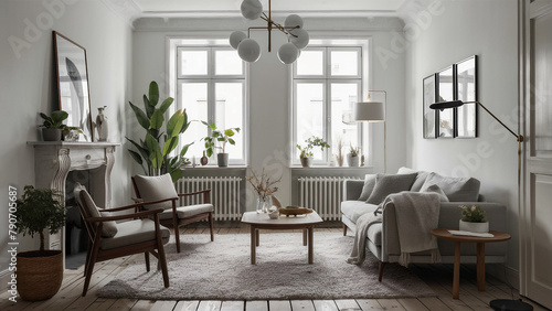 Modern Scandinavian home interior design characterized by an elegant living room featuring a comfortable sofa, mid century furniture, cozy carpet, wooden floor, white walls, and home plants.