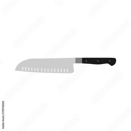 Santoku Japanese kitchen knife flat design vector Illustration isolated on white background. A traditional Japanese kitchen knife with a steel blade and wooden handle.