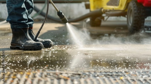 A person using a high-pressure washer to clean a dirty driveway