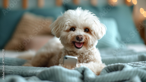 A cute white dog, holding a smartphone in its paws, a happy moment