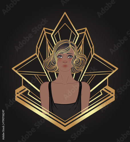 Retro fashion, glamour girl of twenties. African American woman. Vector illustration. Flapper 20s style. Vintage party invitation design template. Fancy black lady.
