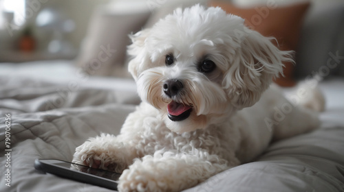 A cute white dog, holding a smartphone in its paws, on a bed, a happy moment