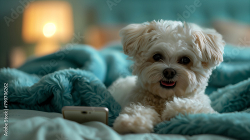 A cute white dog, with a smartphone, lying on a bed, a happy moment
