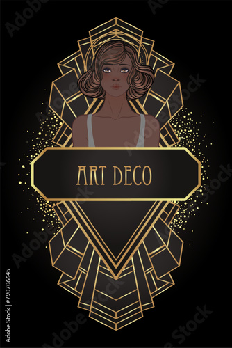 Retro fashion, glamour girl of twenties. African American woman. Vector illustration. Flapper 20s style. Vintage party invitation design template. Fancy black lady.
