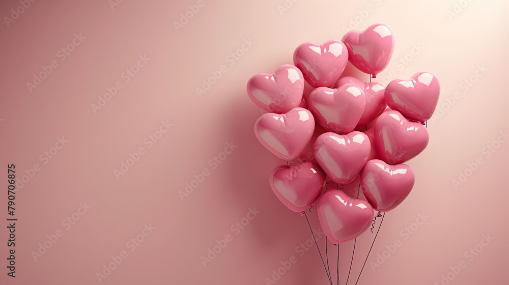 pink helium air balloon on side of pastel colored light rose background with empty space for text