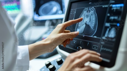 A doctor is pointing at a CT scan of a patient's head photo
