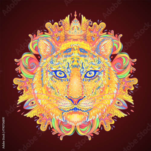 Patterned ornate tiger head. African, Indian, totem, tattoo, sticker design. Design of t-shirt, bag, postcard and posters. Vector isolated illustration in bright neon colors.