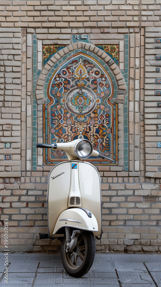 A scooter designed with motifs inspired by ancient Iranian art is parked beside an old brick wall. The fusion of modern transportation with historical artistry creates a captivating juxtaposition