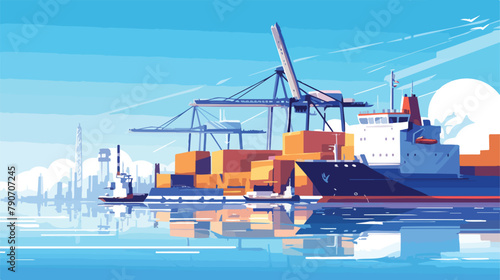 Cargo ship logistics in seaport vector illustration