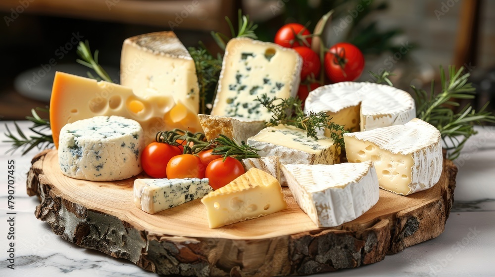 Cheese and vegetables presented on a wooden platter