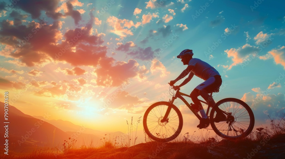 Fototapeta premium A man is riding a bicycle on a hill with a beautiful sunset in the background