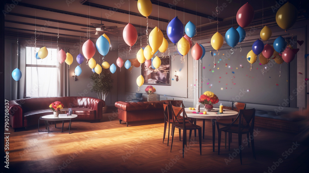 The children room is decorated for the celebration of the birthday, colorful balloons, ribbons. AI generated.