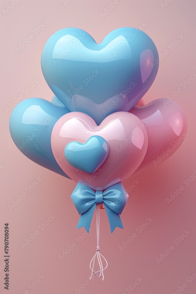 A cluster of glossy, pastel heart-shaped balloons with elegant bows, evoking feelings of romance and celebration. Ideal for festive occasions or expressing love and affection.