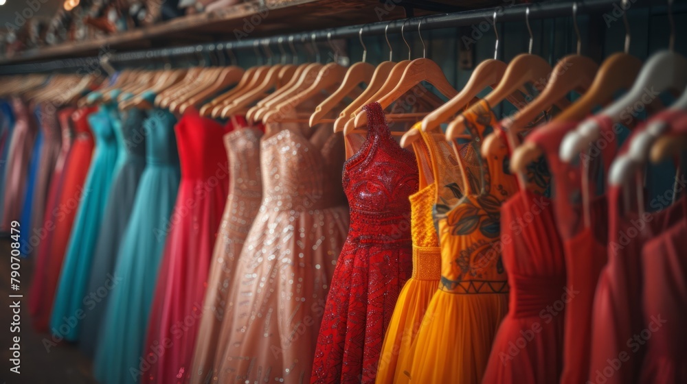 Women's dresses on a hanger in a clothing store.