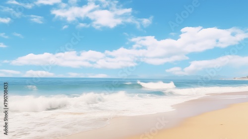 Pristine beach scenery with waves gently crashing onto the shore under a sunny sky