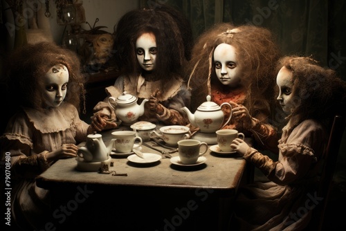 Creepy dolls having a tea party.