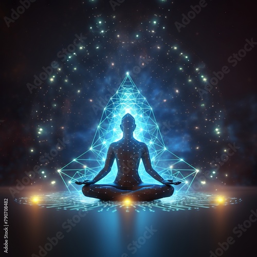 isolated illustration of yoga lotus pose icon shaped with blue neural connection, Generative