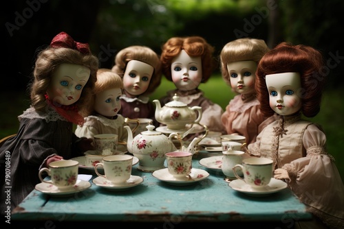Creepy dolls having a tea party.