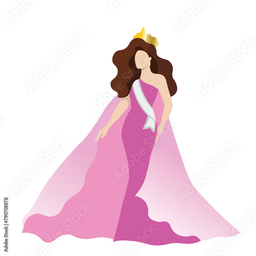 An elegant beauty queen in beautiful pink evening gown with pink and white tone cape. Vector illustration flat charactor design on white background