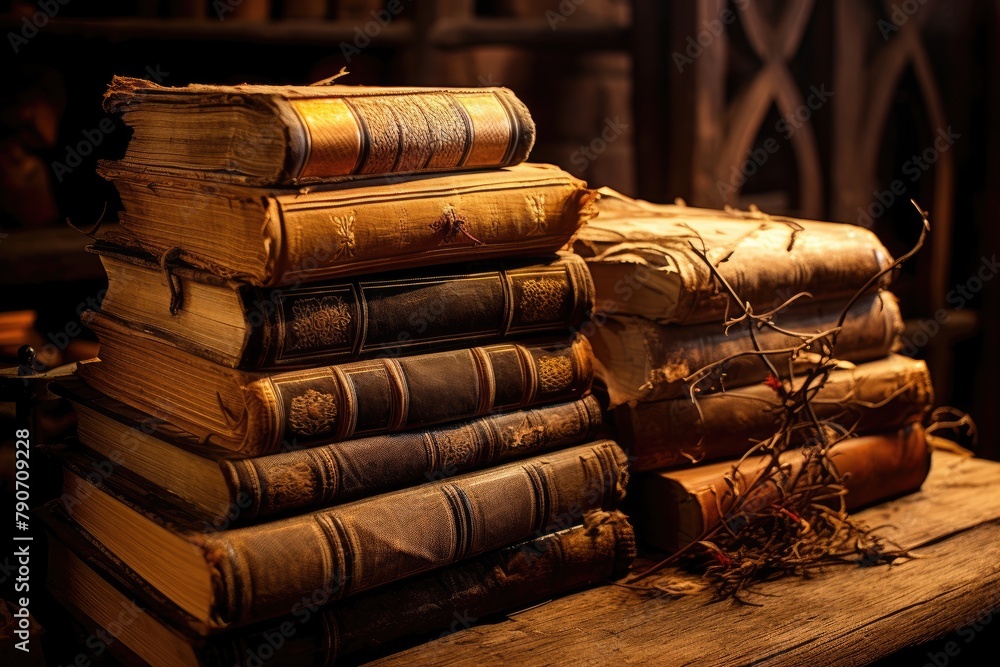 Old, dusty spell books stacked on a shelf.