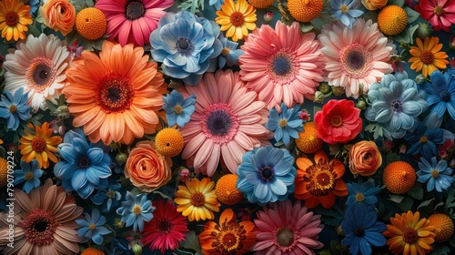 A colorful bouquet of flowers with a variety of colors including blue, pink
