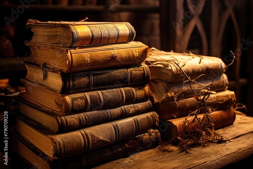Old, dusty spell books stacked on a shelf.