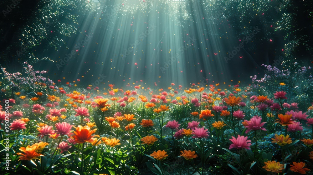 A field of flowers with a bright sun shining on them A field of flowers with a bright sun shining on them