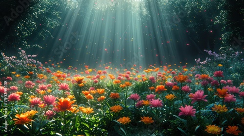 A field of flowers with a bright sun shining on them