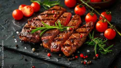 Plate with delicious grilled steak on table, closeup. Space for text