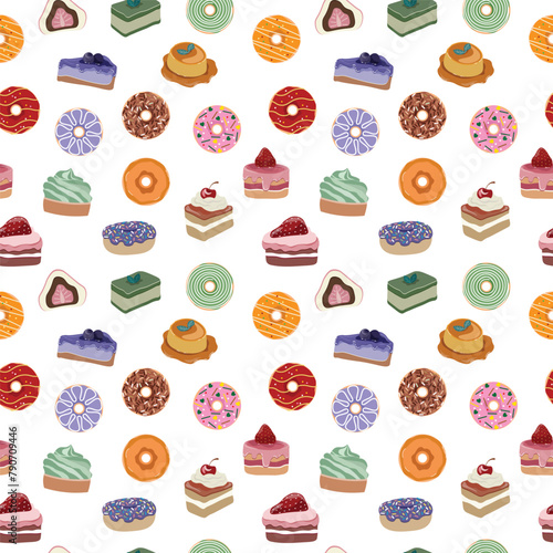 Seamless pattern background of sweet dessert and donut collection. Vector illustration on soft pink background