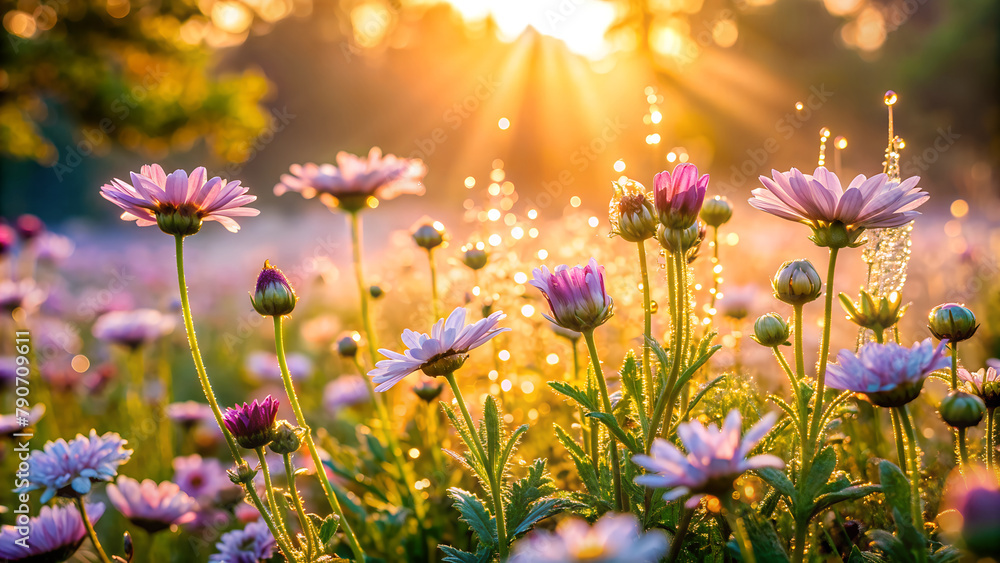 A tranquil garden bathed in the soft light of dawn, with dew-kissed flowers A tranquil garden bathed in the soft light of dawn, with dew-kissed flowers