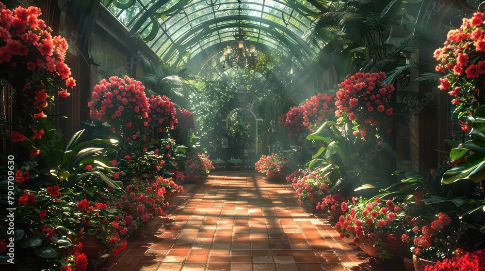A long hallway with red flowers and plants A long hallway with red flowers and plants
