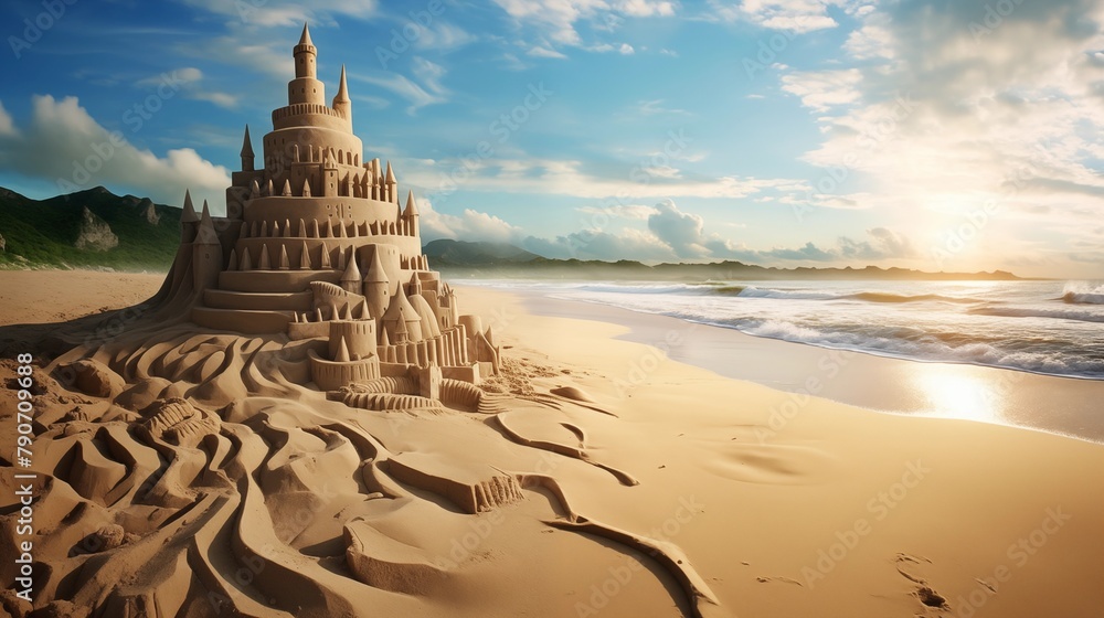 A magnificent sandcastle on the beach during a serene sunset