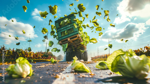 During unloading, forklifts mishandle crates of Peking cabbage, causing them to spill onto the asphalt, resulting in scattered cabbage pieces. Generative AI. photo