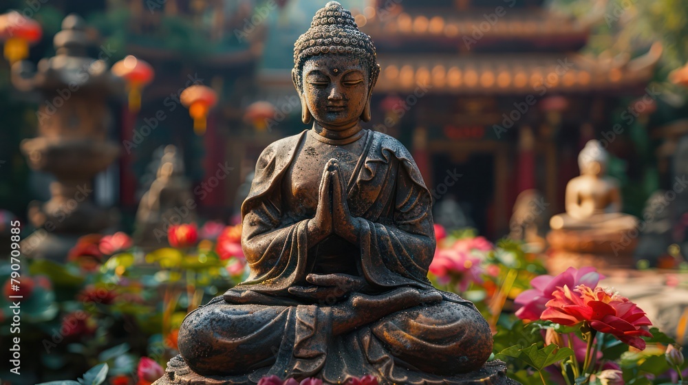 A statue of a Buddha is sitting in a garden with red flowers
