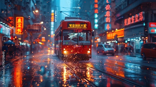 A red bus is driving down a wet street in a city