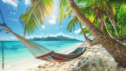 Idyllic summer getaway, a hammock between palm trees on a sunny beach with clear turquoise waters and bright skies