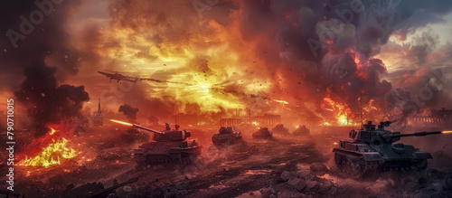 A terrifying scene of war and combat with advancing enemy forces, tanks, infantry, numerous explosions and fire. Generative AI. photo