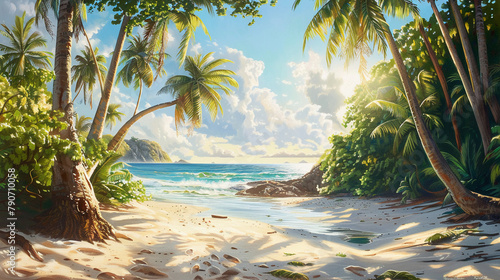 Vibrant summer beach scene with radiant sunlight and lush palm trees, evoking a sense of relaxation and warmth