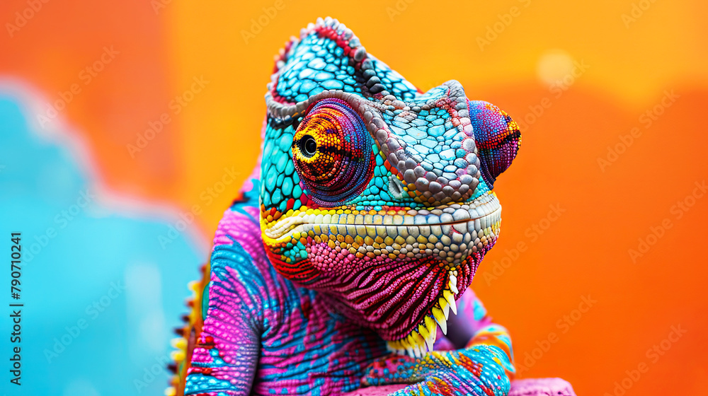 Obraz premium Chameleon close up on a colorful background. A unique and rare animal. The beauty and diversity of the animal world